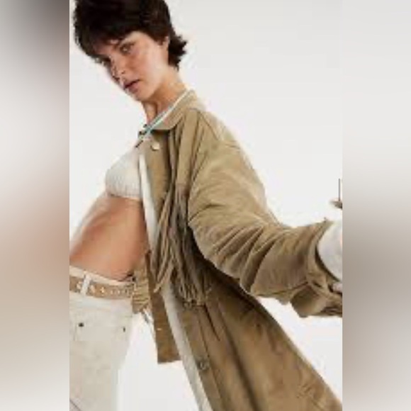 Free People Fringe Out Vegan Suede Jacket We The Free Pockets Smocked Green - Picture 2 of 6